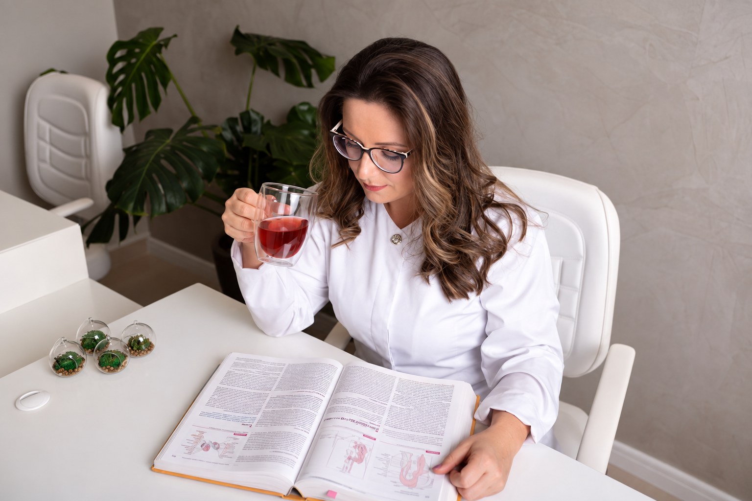 Janaína estudando em sua mesa no consultório
