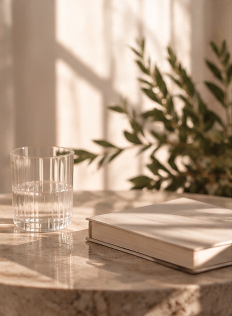Copo de água e livro sobre mesa de pedra clara, com luz natural