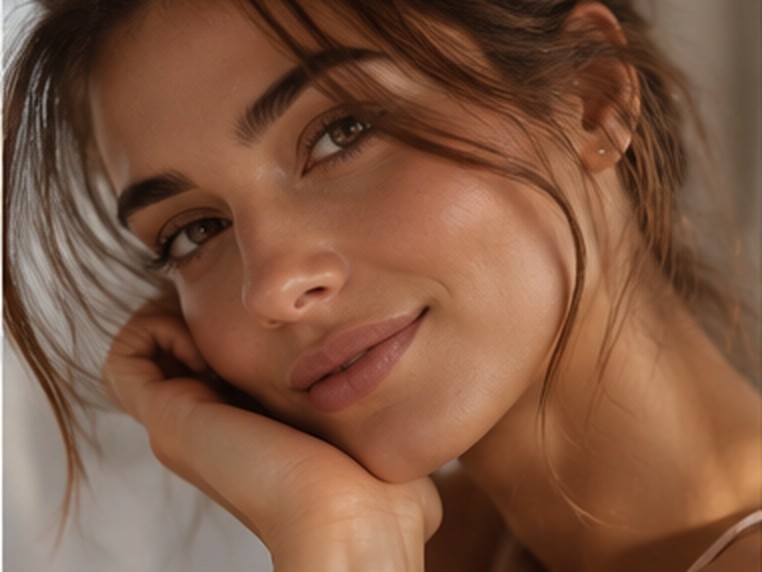 Mulher sorrindo com a mão no rosto, em luz natural suave